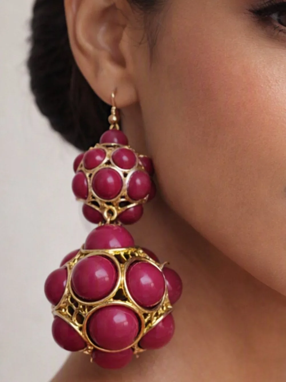 Gold & Deep Magenta Cluster Drop Earrings